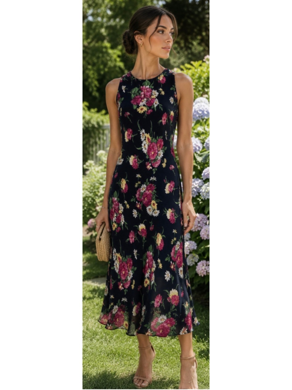 Women's Lauren Ralph Lauren Floral Midi Dress Black Pink Size 4P Boho Chic